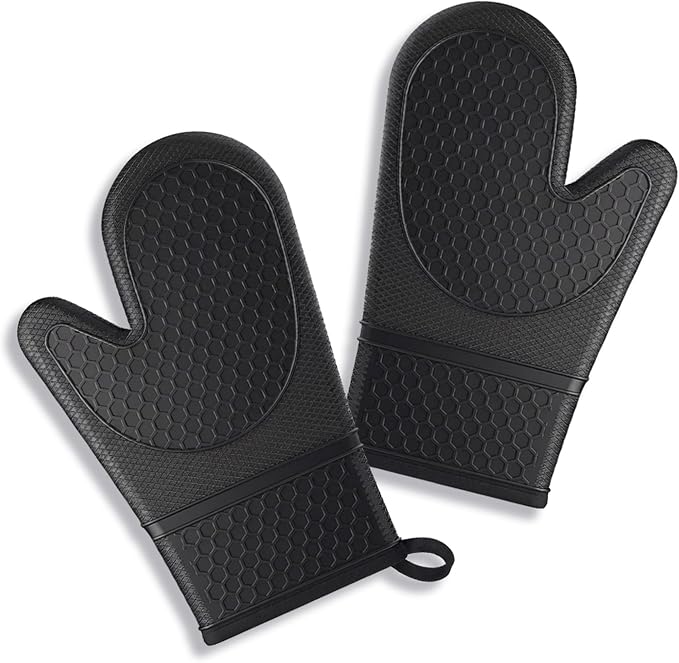 Silicone Oven Mitts 500°F Heat Resistant BBQ Gloves 2-Pack Black | 500°F heat resistance, non-slip honeycomb grip, waterproof & washable, extra long wrist guard, 2-piece set