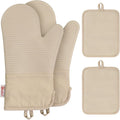 YUTAT Silicone Oven Mitts and Pot Holders Set,High Heat Resistant Up to 500 Degrees,Waterproof Cooking Gloves with Soft Polyester Filling,Kitchen Potholder Set,Khakis,4 Pcs Set