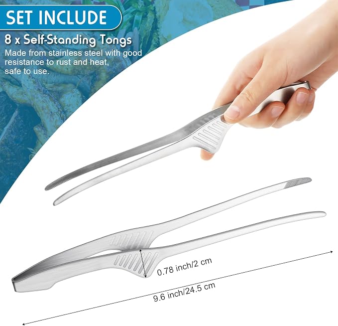 Patelai 8 Pieces Korean and Japanese BBQ Tongs Non Slip Cooking Utensils Stainless Steel Tongs for Serving Food, Salad, Camping, Barbecue, Buffet, Oven with Support Stand (Silver)