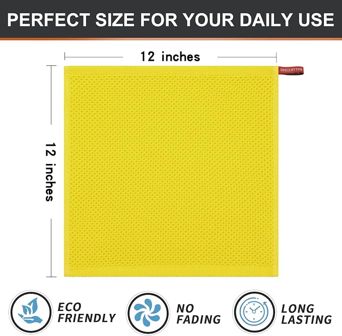 Kitinjoy 100% Cotton Waffle 6-Pack Kitchen Towels, 12" x 12", Yellow | Ultra Absorbent, Super Soft, lightweight, Quick Drying Dish Rags for Washing Dishes