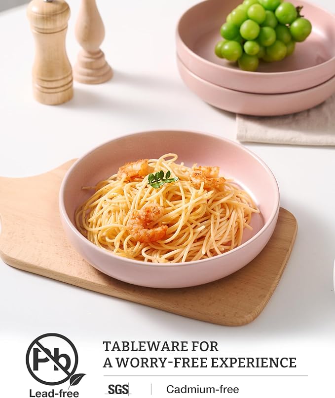 famiware Milkyway 33 oz Pasta Bowls Set of 8, Light Pink | Double Reactive Glaze, Scratch-Resistant Stoneware Salad Bowls, Stackable, Dishwasher & Microwave Safe, Lead-Free