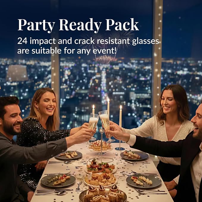 Prestee Set of 24 Clear Plastic Champagne Flutes - 4.5 oz Capacity Shatterproof Disposable Glasses - Suitable for Weddings, Cocktail Parties, and Outdoor Celebrations