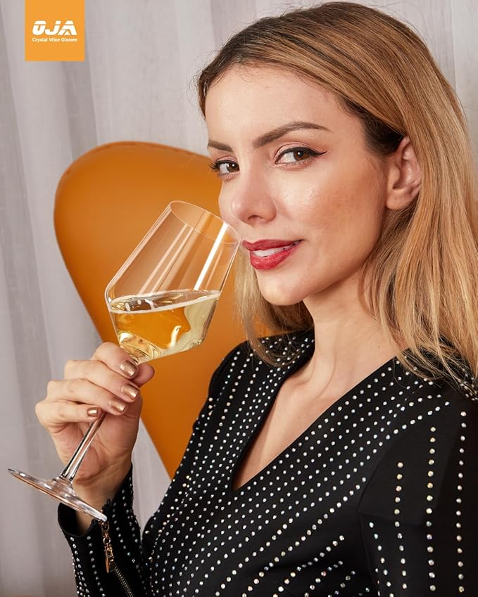 OJA Wine Glasses Set, Crystal Red Hand Blown Wine Glass, Set of 4, 15 oz | Long Stem, Thin Rim, Premium, Perfect for Red or White, Daily Use, Unique Wedding Anniversary or Birthday Gift