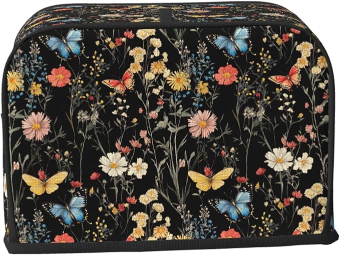 2 Slice Toaster Cover Wildflower Botanical Butterfly Flower Dust Proof Washable Kitchen Appliance Cover with Pocket, Oxford Fabric Countertop Toaster Protector for Standard Toasters Small Appliances