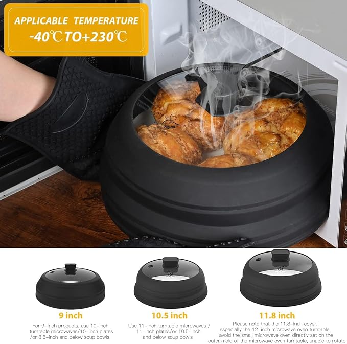 Microwave Splatter Cover Glass Guard Lid with Collapsible Silicone for Food Pot Plate 9.8 inch Black