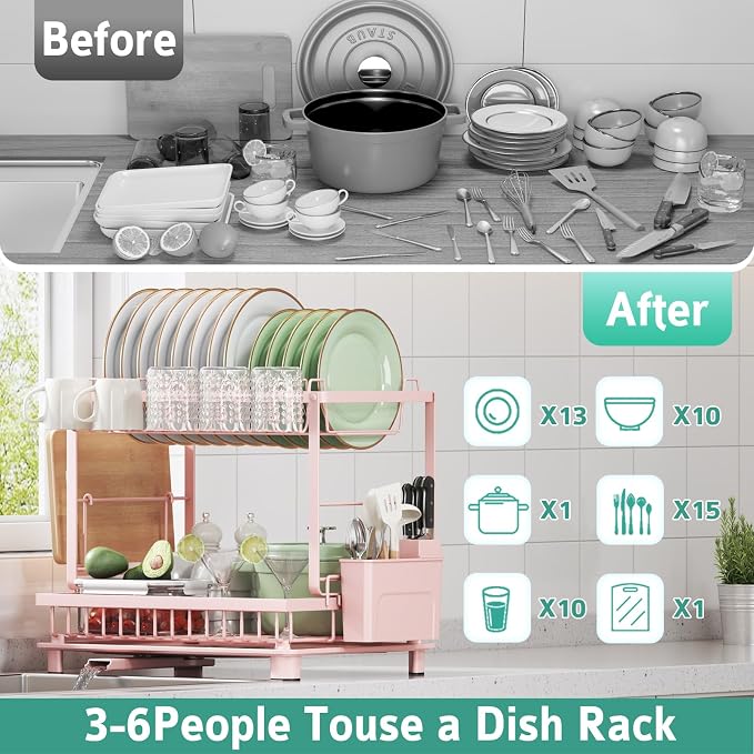 2-Tier Dish Drying Rack for Kitchen Counter, Space-Saving, Pink | Rustproof Carbon Steel, Auto Drain Spout, Space-Saving Dish Rack with Drainboard, Utensil & Cup Holders, Countertop Organizer