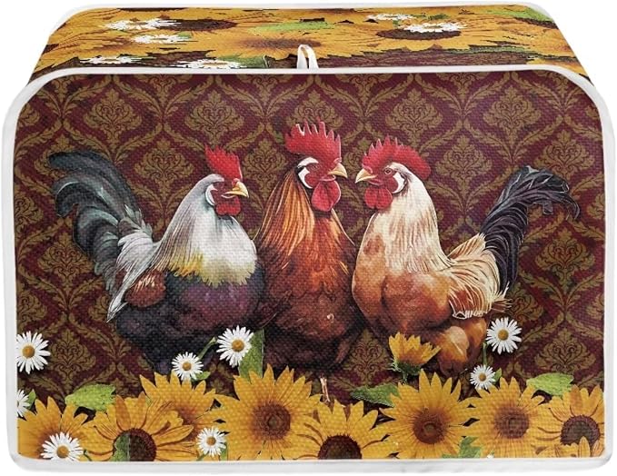 Chicken Rooster Sunflower Print Toaster Cover Kitchen Broiler Appliance Organizer Bag, Antidust Bakeware Protector, Washable Small Appliance Cover