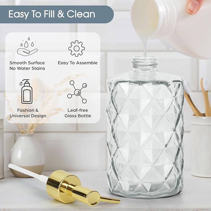 Topsky Glass Soap Dispenser with Plastic Pump,330ml Liquid Hand Soap Dispenser, Rustproof Pump for Kitchen & Bathroom,Great for Lotions,Essential Oil,Liquid Soaps Clear