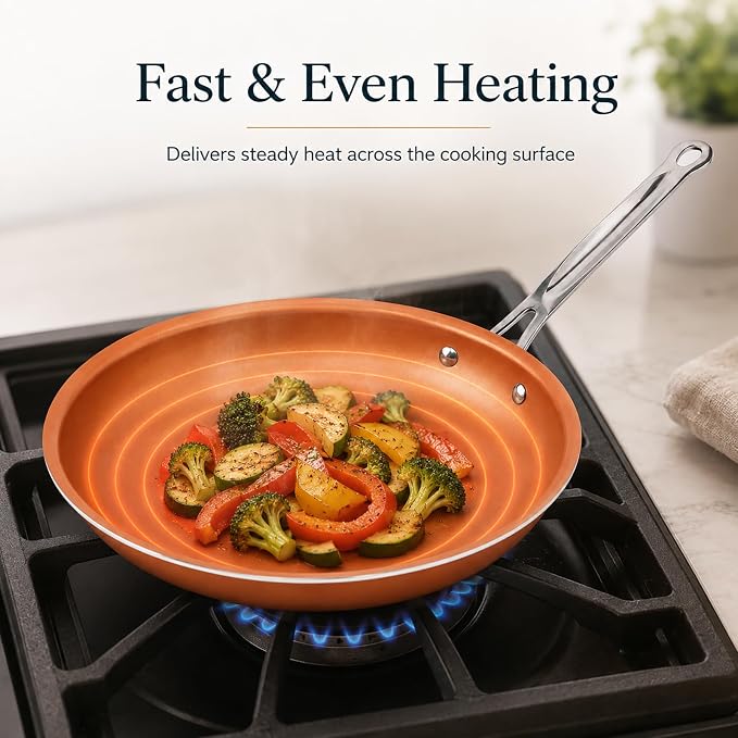 Toutrop Nonstick Copper Frying Pan, Chef Skillet with Ceramic Coating, Oven Dishwasher Safe, Induction Skillet for All Stoves, PFOA Free,Brass,8 inch