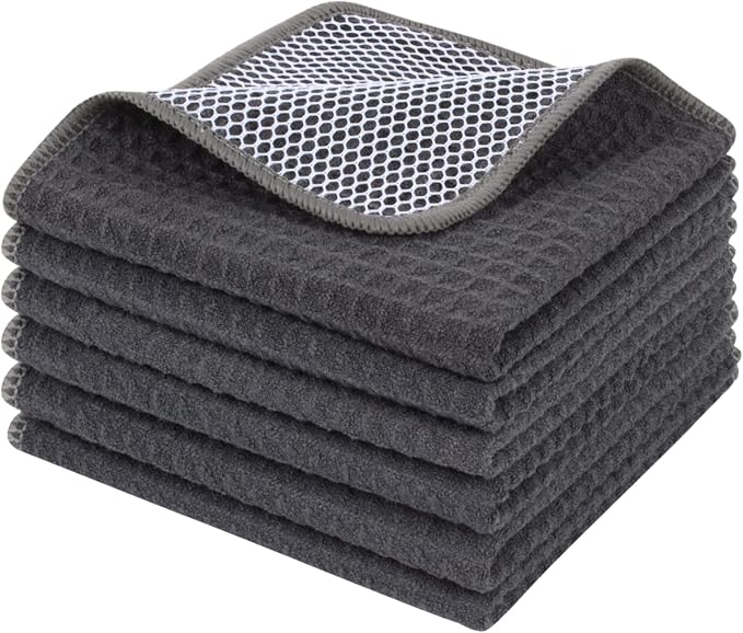 Dish Cloths for Washing Dishes with Scrub Side, Microfiber Dish Rags | Dual-sided microfiber dish cloths with scrubber for stuck-on food, quick dry kitchen washcloths 6 Pack, 12 Inch Grag-B