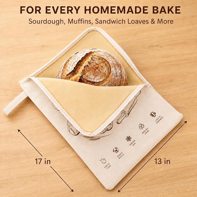 Beeswax Bread Bags for Homemade Sourdough Wide Zipper Access Reusable Bag | 17" x 13" Cotton Linen Bread Storage Bag with Handle & Date Labels, Keeps Loaves Fresh Longer, Freezer Friendly, Eco Friendly