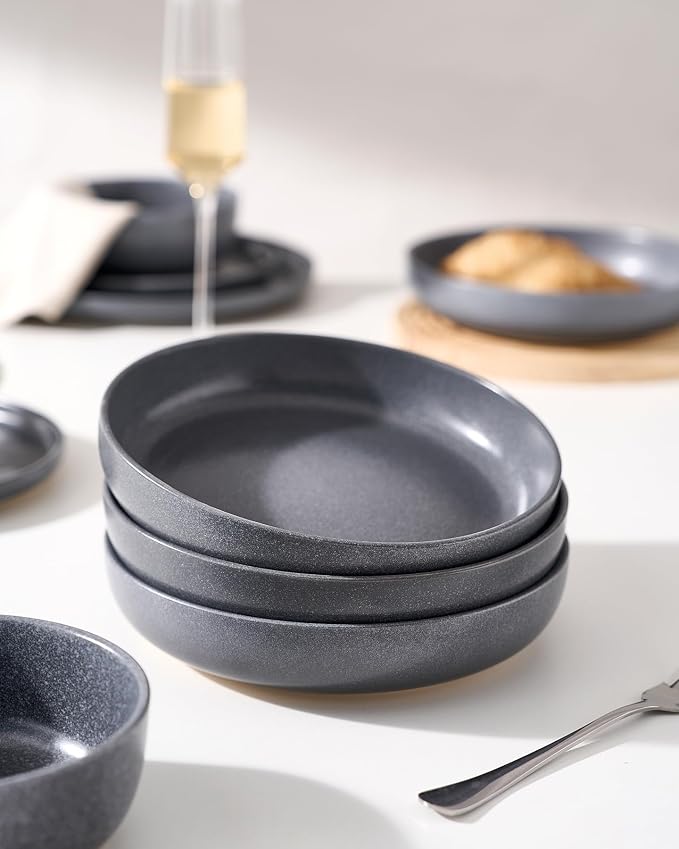 famiware Milkyway 33 oz Pasta Bowls Set of 4, Matte Dark Charcoal | Double Reactive Glaze, Scratch-Resistant Stoneware Salad Bowls, Stackable, Dishwasher & Microwave Safe, Lead-Free