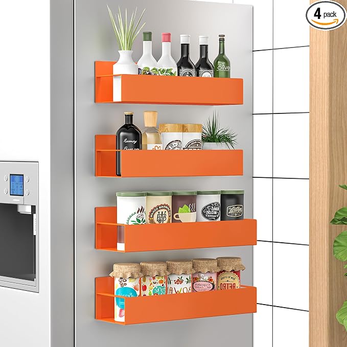 Metal Magnetic Spice Rack for Refrigerator Orange, 4 Pack | Magnetic Shelves Heavy Duty for Fridge in Kitchen, Seasoning Storage Organizer, For Oven Washer and Dryer, For Heavier Items