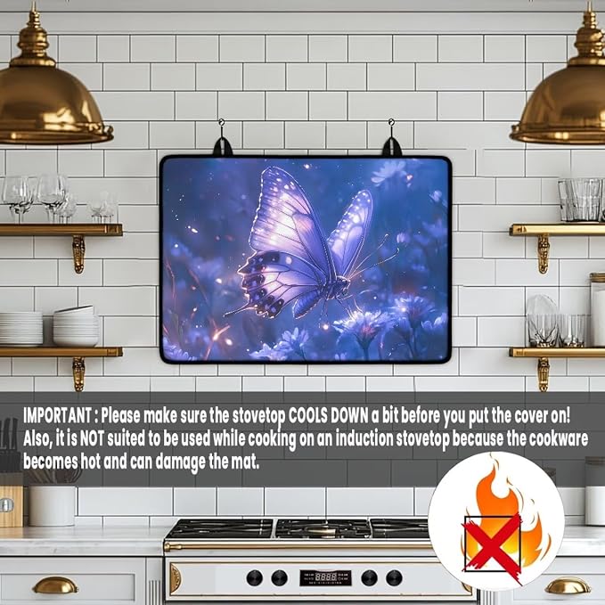Butterfly Purple Stove Top Cover for Electric Stove, Multifunctional Stove Mat, Heart Resistant Cooktop Cover, Folding Range Top Cover, Countertop Dust Protection Cover, 30 x21 Inches