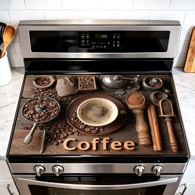 Coffee Stove Top Cover, Cafe Kitchen Decor, 28x20 in | Coffee beans, grinder and espresso cup flatlay on dark wood; flat-printed non-slip mat; protects glass cooktops; 28x20 in