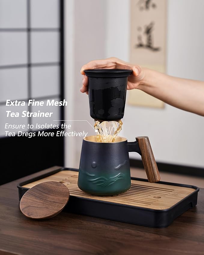 ZENS Tea Infuser Mug with Lid for Loose Tea Steeper, 14.5oz Wooden Handle | Embossed Ceramic Teacup with Strainer for Tea Lovers Gifts, Herbal Tea Diffusers, Effortless Brewing