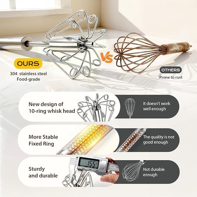 Upgraded Stainless Steel Semi-Automatic Whisk, 10 inch | Easy Push Hand Whisks for Eggs, Cream, Coffee & Light Mixing, Easy Clean Kitchen Whisk for Everyday Cooking, Kitchen Gadgets