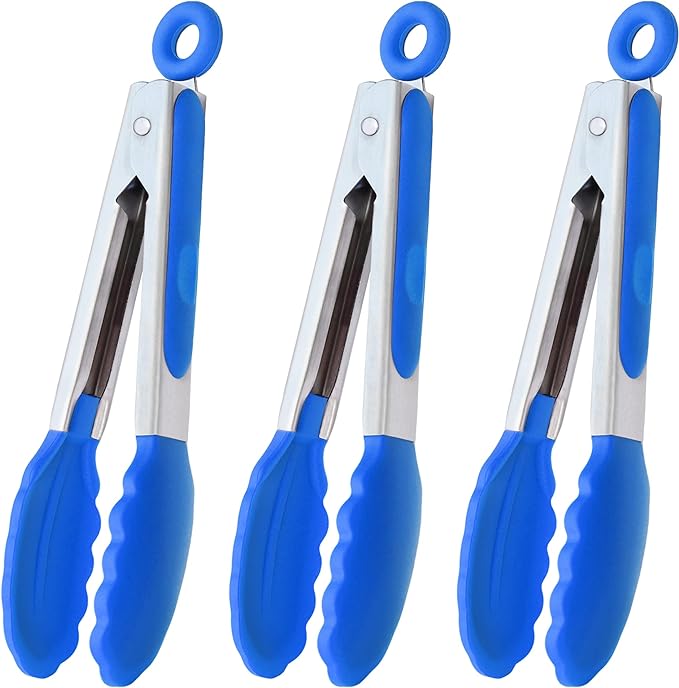 HINMAY Small Tongs with Silicone Tips 7-Inch Serving Tongs, Set of 3 (Blue)
