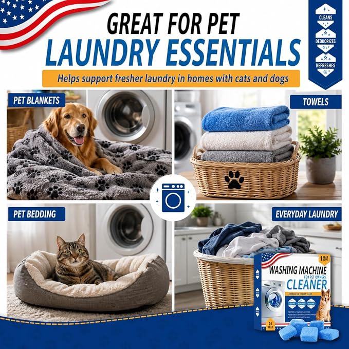 Enzyme Washing Machine Cleaner Tablets for Pet Owners, Deep Clean | Throughly Remove Wash Deodorizer Pet Odor & Hair Residue, for HE Front/Top Load Washers, 24 Count,1 Year Supply