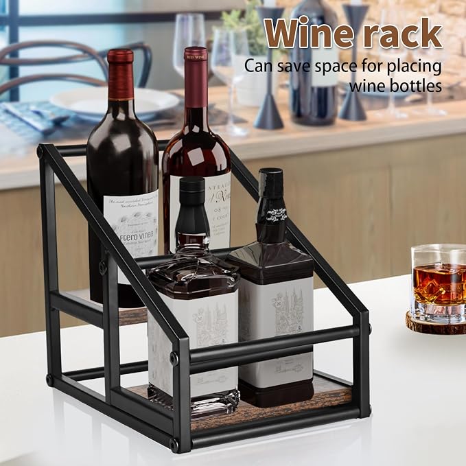 YQBRAO 2-Tier Coffee Syrup Organizer, 4-Bottle Rack, Rustic Brown | Holds 4 bottles in a narrow two-tier footprint for small counters, coffee corners, apartments, and bar carts.