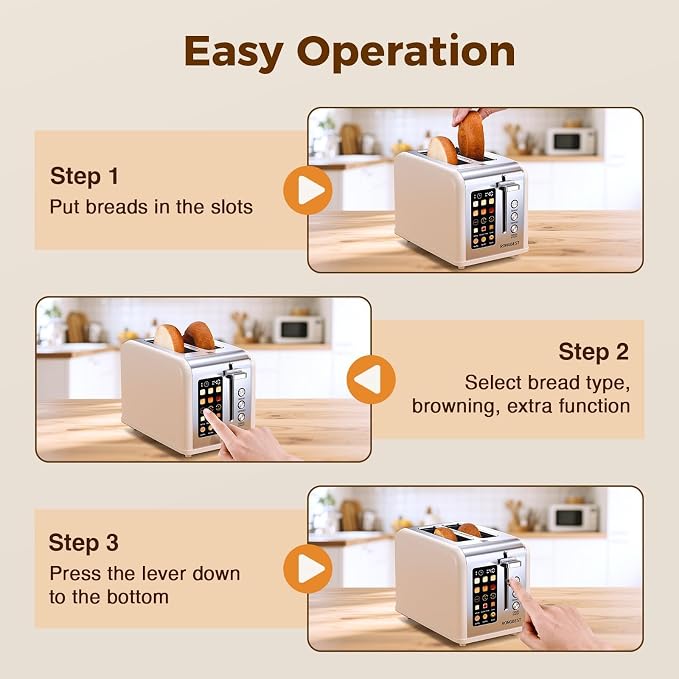2 Slice Touch Screen Toaster Stainless Steel Wide Slots with Digital Touchscreen, Reheat & Defrost, Even Toasting for Family Breakfast Bagel & Bread, Easy Removable Crumb Tray, Cream Color