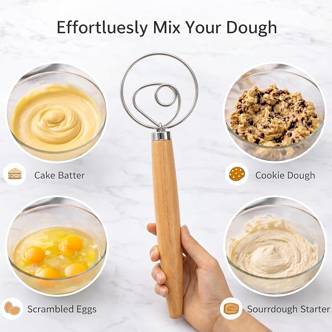 Danish Dough Whisk for Sourdough Bread – 13 Inch Bread Whisk with Wooden Handle – 304 Stainless Steel Hook for Heavy Dough Baking, Swedish Dough Whisk Tool