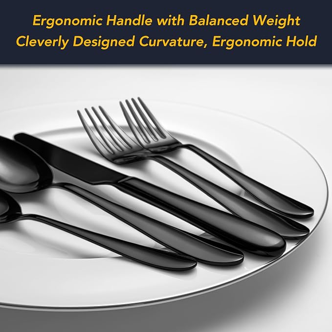 40 Piece Black Silverware Set Service for 8, EIUBUIE Premium Stainless Steel Black Cutlery Set, Mirror Polished Flatware Sets, Modern Kitchen Eating Utensils Sets Include Forks Spoons Knives