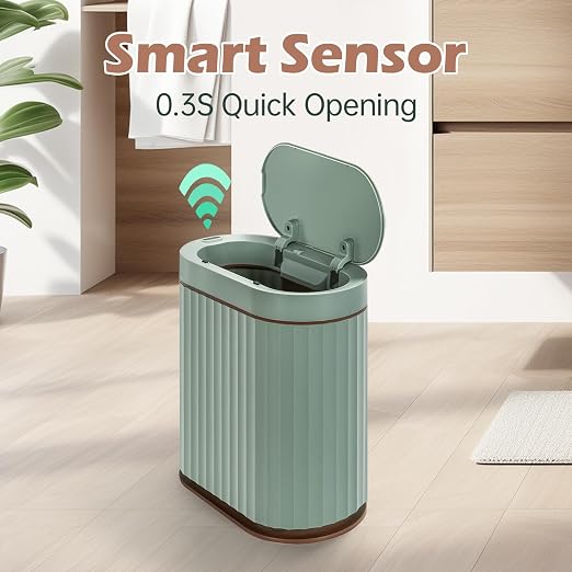 ELPHECO Bathroom Trash Can with Automatic Lid, 2 Gallon, Sage Green Gold | Motion Sensor Wastebasket, Smart Garbage Can, IPX5 Waterproof Slim Trash Bin for Office, Kitchen and Bathroom