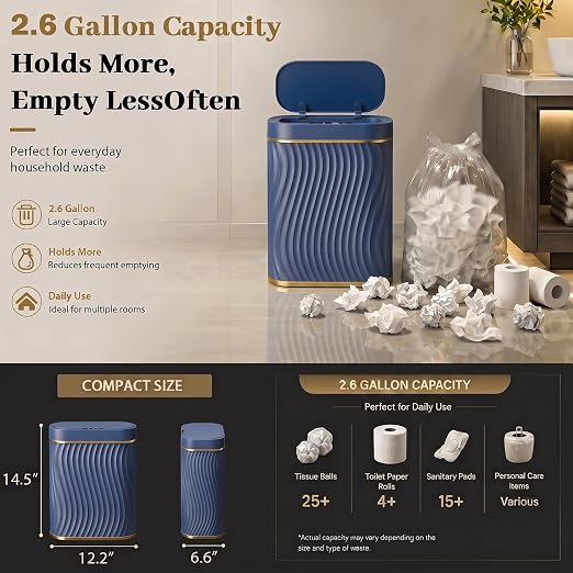 2.6 Gallon Automatic Bathroom Trash Can with Touchless Lid, Blue Gold | Motion Sensor Trash Can with Slim Waterproof Body; Small Plastic Garbage Can, hands-free lid for Bedroom, office, and kitchen