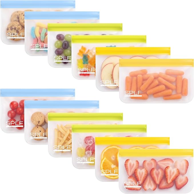 SPLF 12 Pack Dishwasher Safe Reusable Snack Bags | BPA Free Storage Bags, Extra Thick Leakproof Freezer Bags Silicone and Plastic Free Lunch Bags Food Storage