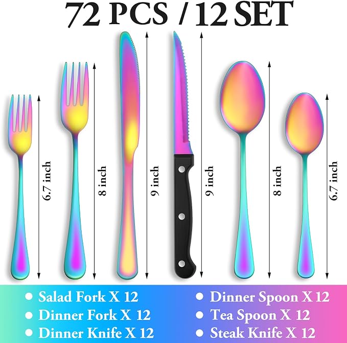 72 Pcs Rainbow Silverware Set with Steak Knives, Stainless Steel Flatware Cutlery Set for 12, Kitchen Tableware Sets, Utensil Sets for Home and Restaurant, Dishwasher Safe