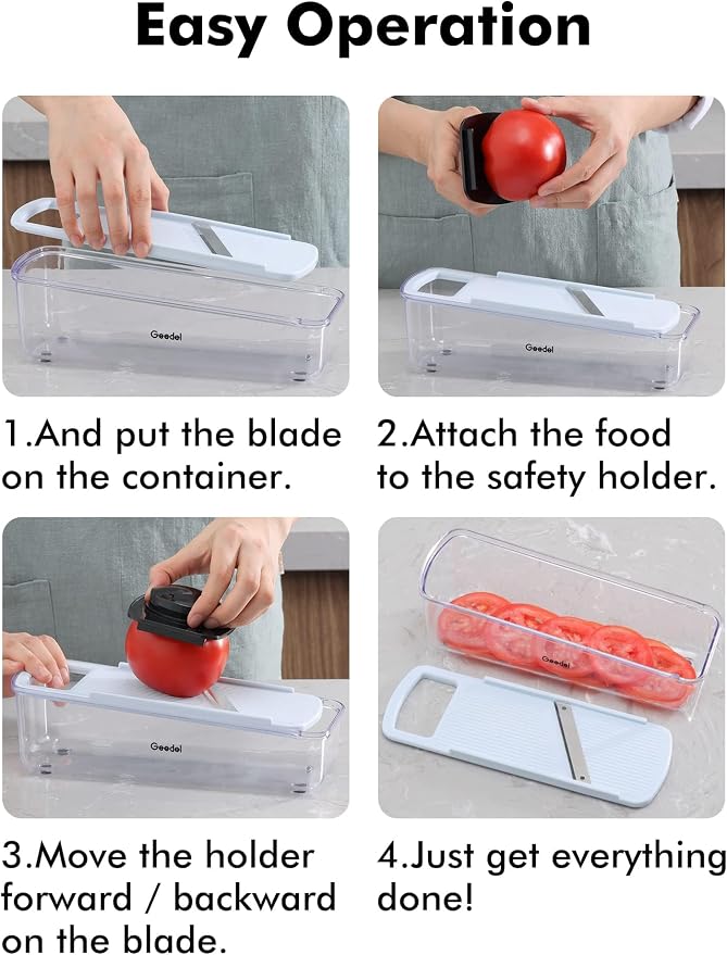 Geedel Professional Mandoline Slicer for Kitchen, Multi Purpose Vegetable Slicer Cutter, Vegetable Cutter Onion Cutter for Veggie Fruit Cheese | Slice, Shred & Julienne, Sharp Stainless Steel Blades, Dishwasher Safe, No BPA, Safety Hand Guard, For Vegg...