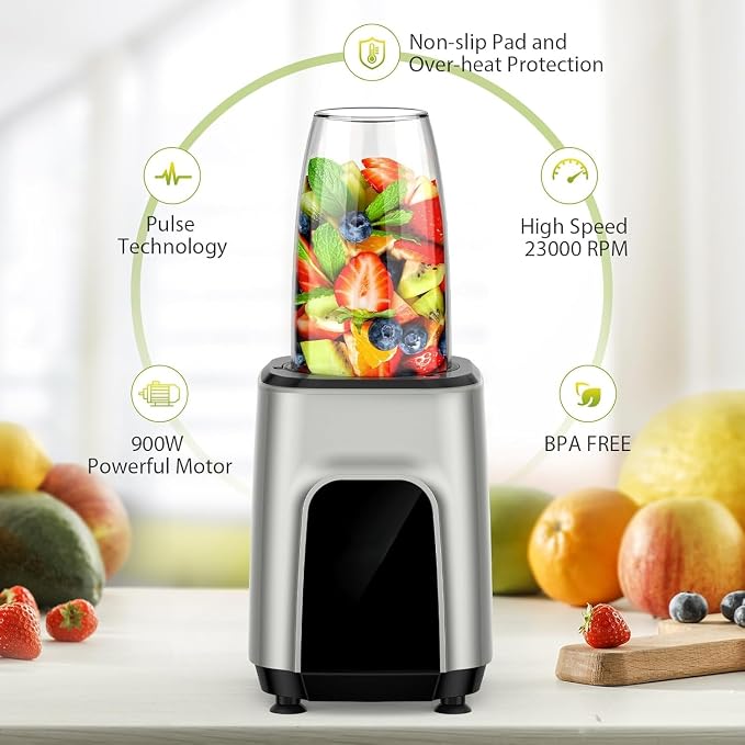 Smoothie Blender, 900W Personal Blender and Grinder Combo for Shakes and Smoothies with 3 Non-BPA Portable Cup for Beans, Nuts
