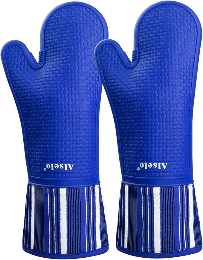 Alselo Silicone Oven Mitts Set, Heat Resistant 550 Degree,7.5"x16" | Extra Long Kitchen Mittens,Waterproof & Non-Silp Oven gloves for Baking Cooking Barbecue Microwave (Extra Long Navy, 2)