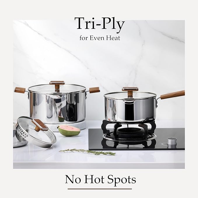 CAROTE1.5Qt & 3Qt Stainless Steel Saucepan Set, Triple Ply Stainless Steel Pot, Saucepan with Glass Lid, Small Sauce Pot with Wooden Handle, Easy Pour Rim