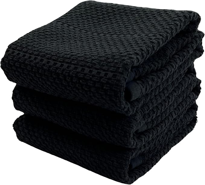 Black Kitchen Hand Dish Towels, Set of 3, 100% Cotton, 18" x 28" | Terry Loop Textured, Soft & Absorbent Cleaning Cloth, Quick Dry, Multipurpose for Everyday Use