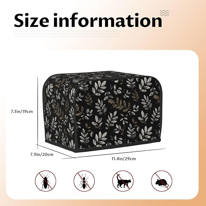 2 Slice Toaster Cover Boho Black Leaf Pattern Dust Proof Washable Kitchen Appliance Cover with Pocket, Oxford Fabric Countertop Toaster Protector for Standard Toasters Small Appliances