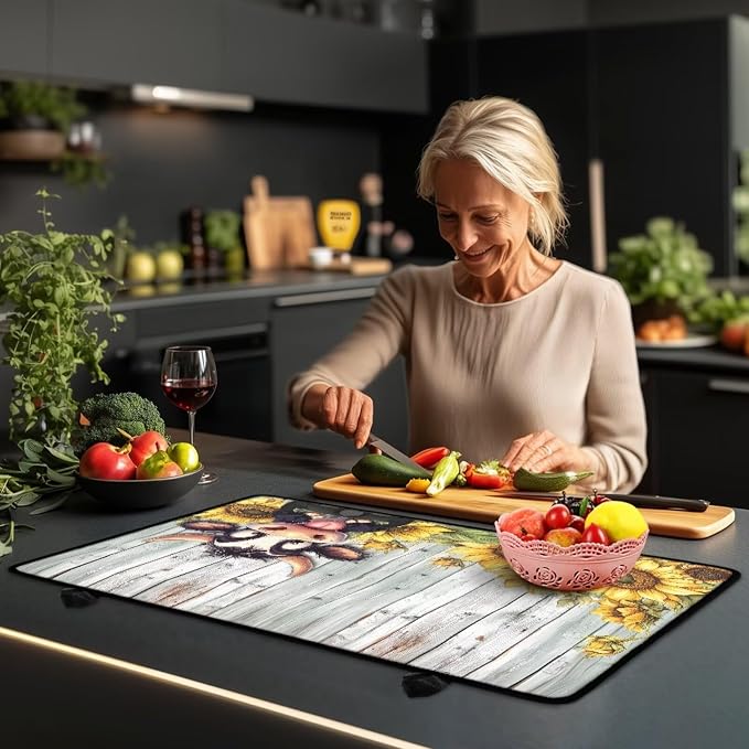 Cow Sunflower Wood Print Stove Top Covers Waterproof Electric Stove Cover Mat 29.18 x 20.99 inch Glass Cooktop Protector Large Coffee Machine Mat for Flat RV Range