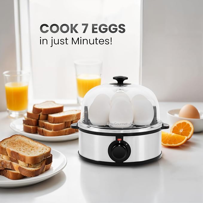 Elite Gourmet EGC724SS Egg Boiler Cooker, 7-Egg Poacher/Omelet Maker, Steel | Cooks soft, medium, or hard-boiled eggs, also scrambles - auto shut-off with buzzer - measuring cup included - BPA-free