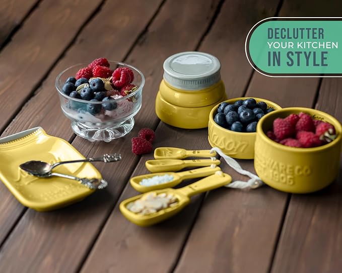 Comfify Yellow Mason Jar Measuring Set – 4 Cups, 4 Spoons, Spoon Rest | Yellow; ceramic; 9-piece set; 4 measuring cups + 4 measuring spoons + spoon rest; mason jar design; hand wash only