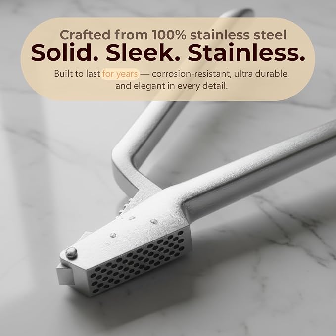 No Peeling Required, 100% Stainless Steel Garlic Press – Odor-free Cleaning, Rust Proof, Detachable Handle, Fine Mincer, 5 years Guarantee, Dishwasher safe garlic crusher tool, Moledor de ajo