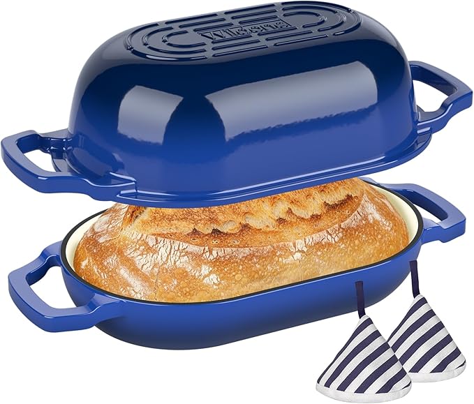 Wildone Enameled Cast Iron Dutch Oven Pot with Lid, Oval Bread Oven | Loaf Cast Iron Bread Pan for Homemade Bread Baking, Meatloaf Pan with Lid, 5.5QT, Blue
