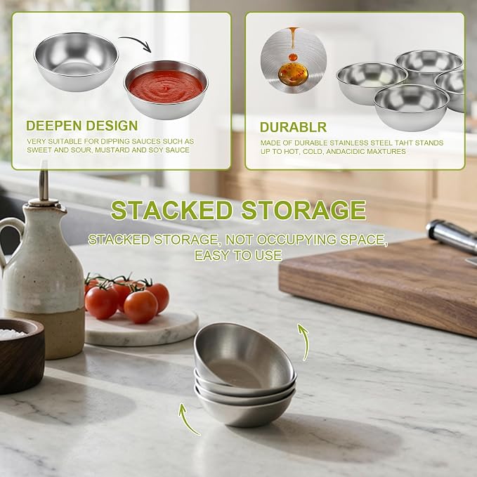 tifanso 8PCS Small Stainless Steel Dipping Bowls for Sauce & Condiments | 3.5oz, For Soy Sauce Ketchup Seasoning & Appetizers, Perfect for BBQ Party Camping & Charcuterie, Easy to Clean, Silver