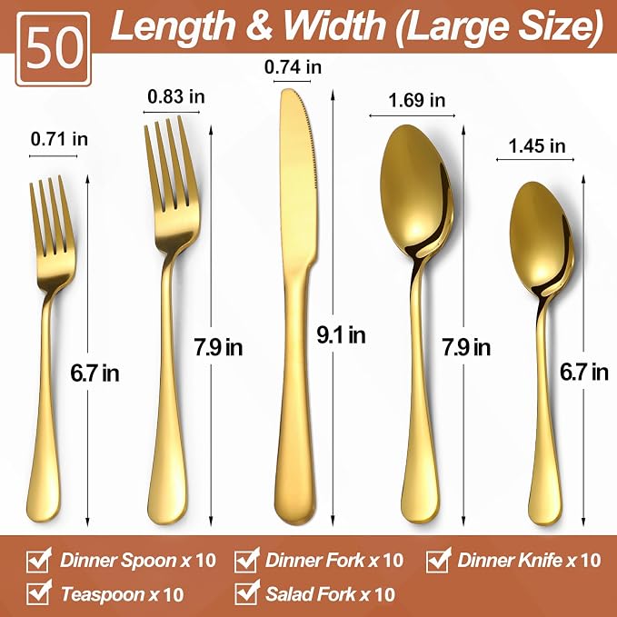 50 Pcs Gold Silverware Set for 10, Food Grade Stainless Steel Flatware Set, Eating Utensils Sets Include Fork/Knife/Spoon, Reusable Cutlery Set for Home Kitchen, Dishwasher Safe, Round Edge