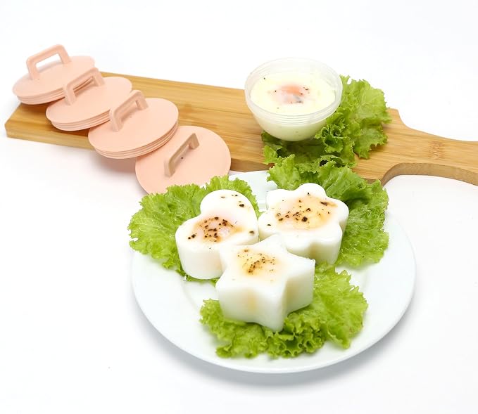 Cute Set of 4 Egg Cooking Pods Mold Boiled Pink Microwave and Stovetop Hard Boiled, Soft Boiled Holder Poacher Cups, Jello Cups with Lids, Square Shaper Fun Cookery Kitchen Gadgets (including oil brush)