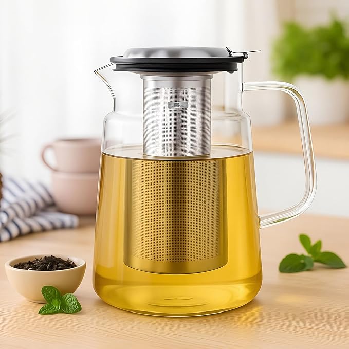 Aquach 74oz Glass Tea Pot with Infuser, Stovetop Safe Borosilicate Teapot | Dishwasher Safe, Plastic-free, Family Capacity, Precise Loose Leaf Filter, Easy-clean Opening