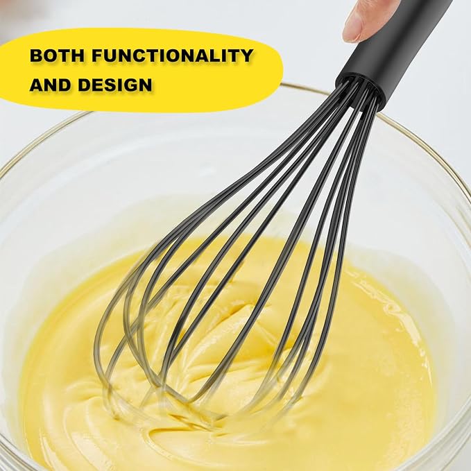 NileHome Silicone Whisk 10" Kitchen Whisk Kitchen Wisk Wire Whisks for Cooking, Whisking, Blending, Beating, Stirring-Black