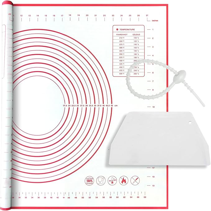 Silicone Baking Mat, 32x24 inch Non Stick Kneading Mat for Rolling Dough | Anti-slip, Heat Reststant, Dishwasher Safe, With Cable Ties &Crem Scraper, With Measurement