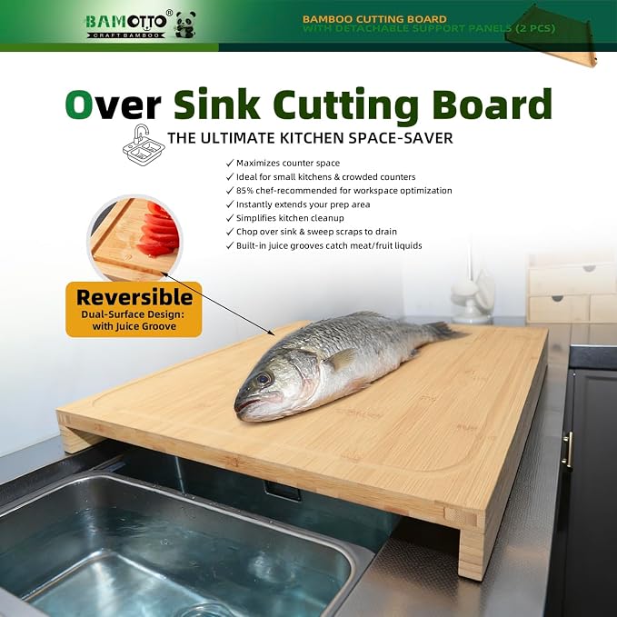BAMOTTO CRAFTBAMBOO 19.7x22 Inch Large Bamboo Cutting Board Stovetop Cover | 2 Detachable Support Panels | Over Sink Board | Kitchen Countertop Dishwasher Cover | Reversible Juice Grooves | XXL Size