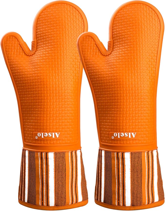 Alselo Silicone Oven Mitts Set, Heat Resistant 550 Degree,7.5"x16" | Extra Long Kitchen Mittens,Waterproof & Non-Silp Oven gloves for Baking Cooking Barbecue Microwave (Extre long Orange, 2)